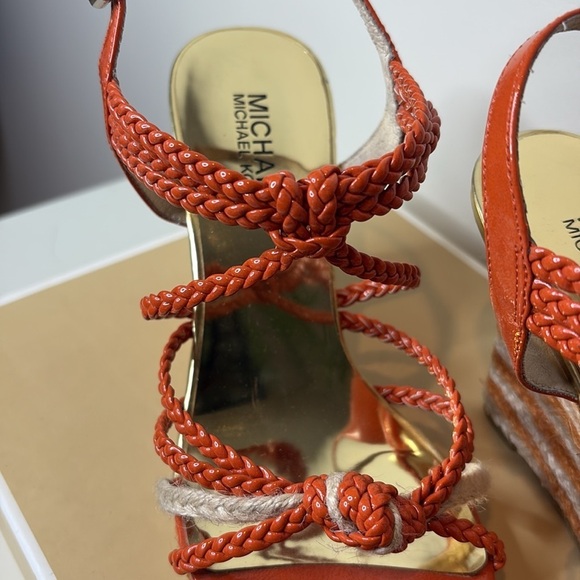 Michael Kors | Spring Orange Summer Wedge Knotted Braided Strappy Sandals 6.5 M - Picture 6 of 17